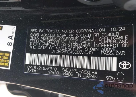 2025 Toyota Corolla Hybrid Le from USA, damaged, VIN JTDBCMFE4S3073030